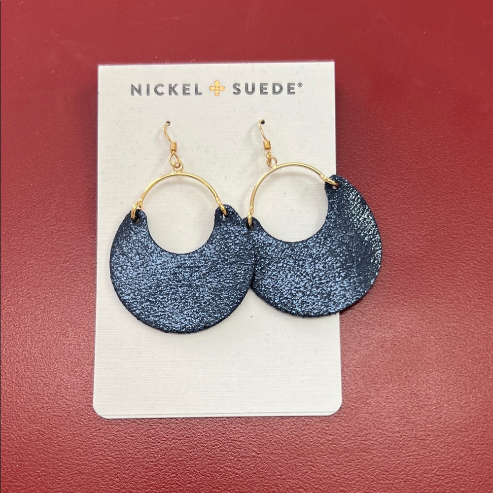 Nickel & Suede Black Textured Crescent Hoop Earrings with Gold Hoops